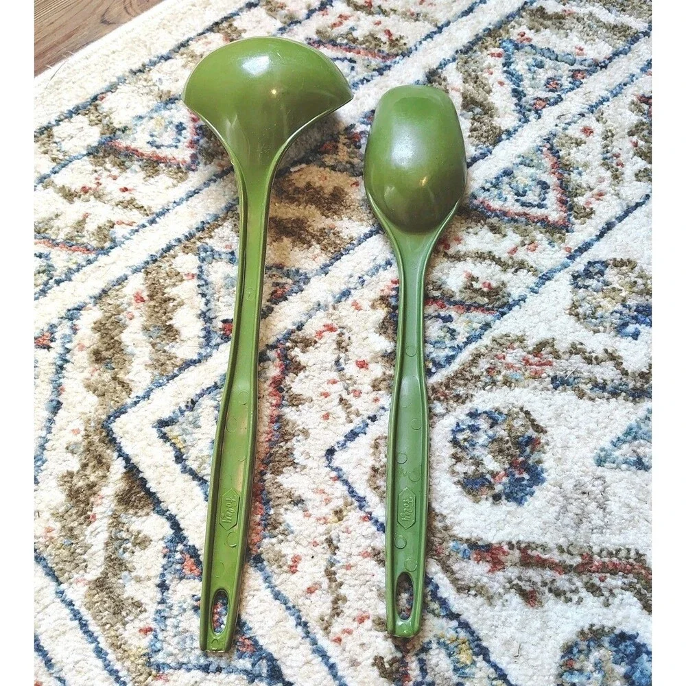 Vintage Set Foley Soup Ladle And Non Slotted Serving Spoon Avocado Green